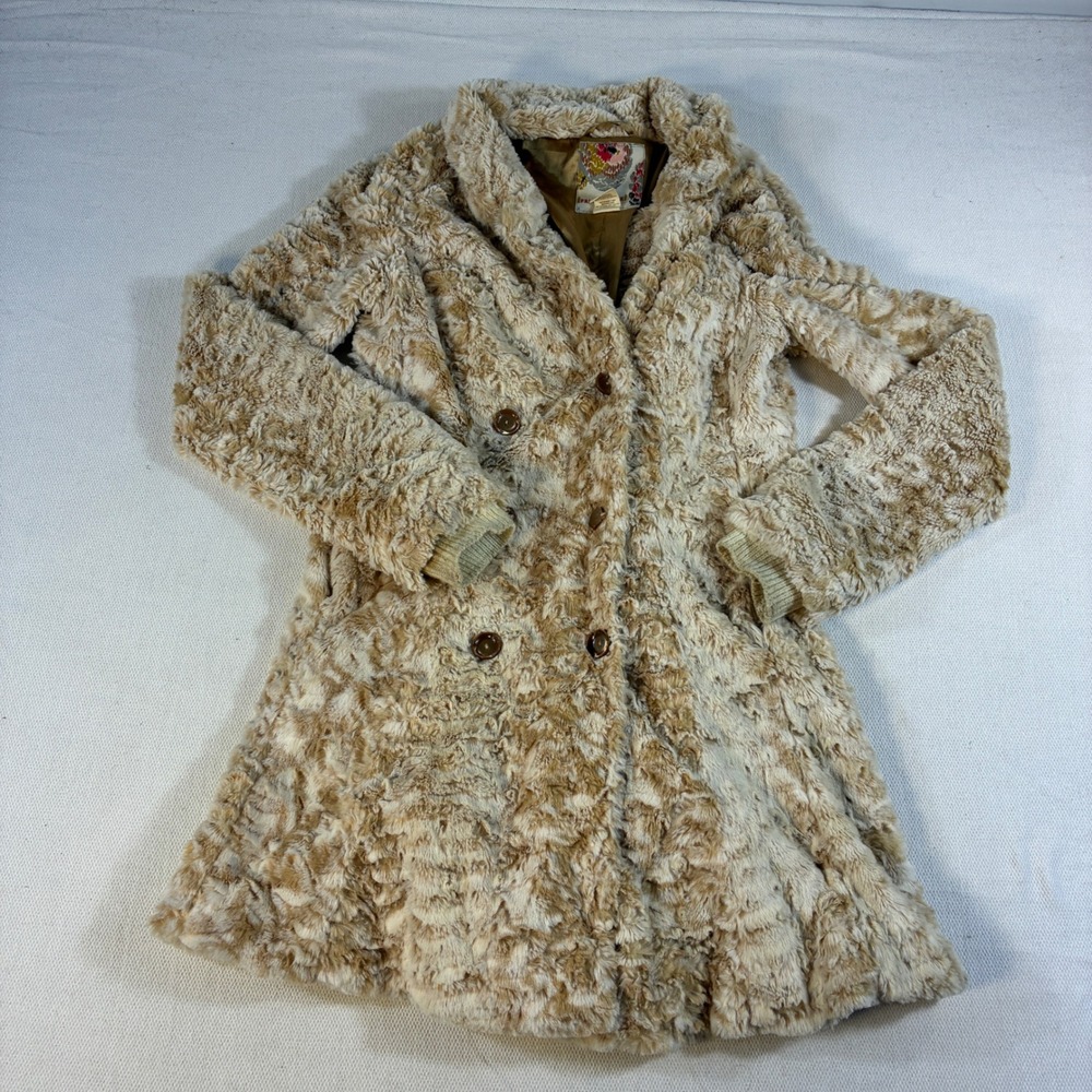 Free People Faux Fur Coat Size 2 Tan Cream Double Breasted Mid Length